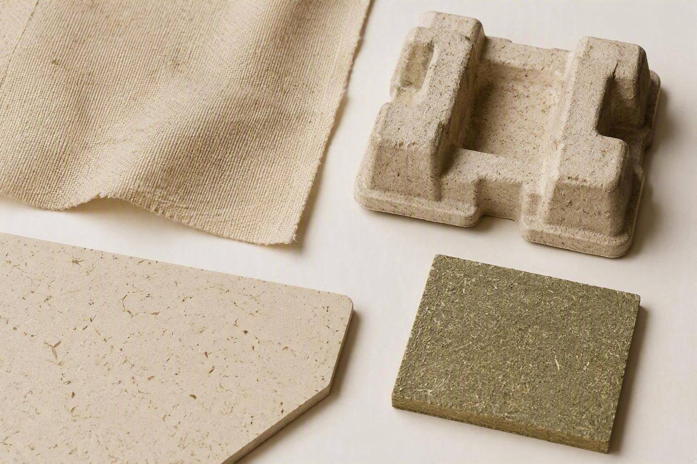 Grown material samples — woven fabric, pressed boards and moulded protective packaging