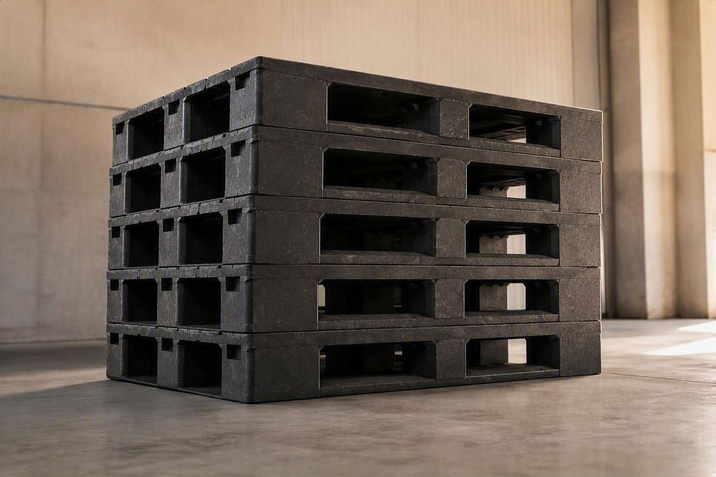 Stack of dark mycelium composite pallets in a warehouse